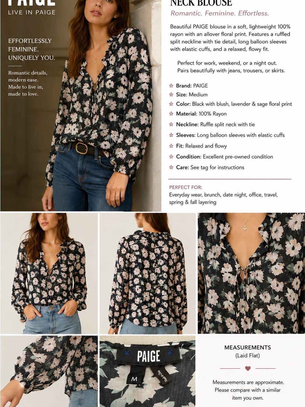 PAIGE Floral Ruffle Tie Neck Balloon Sleeve Blouse M